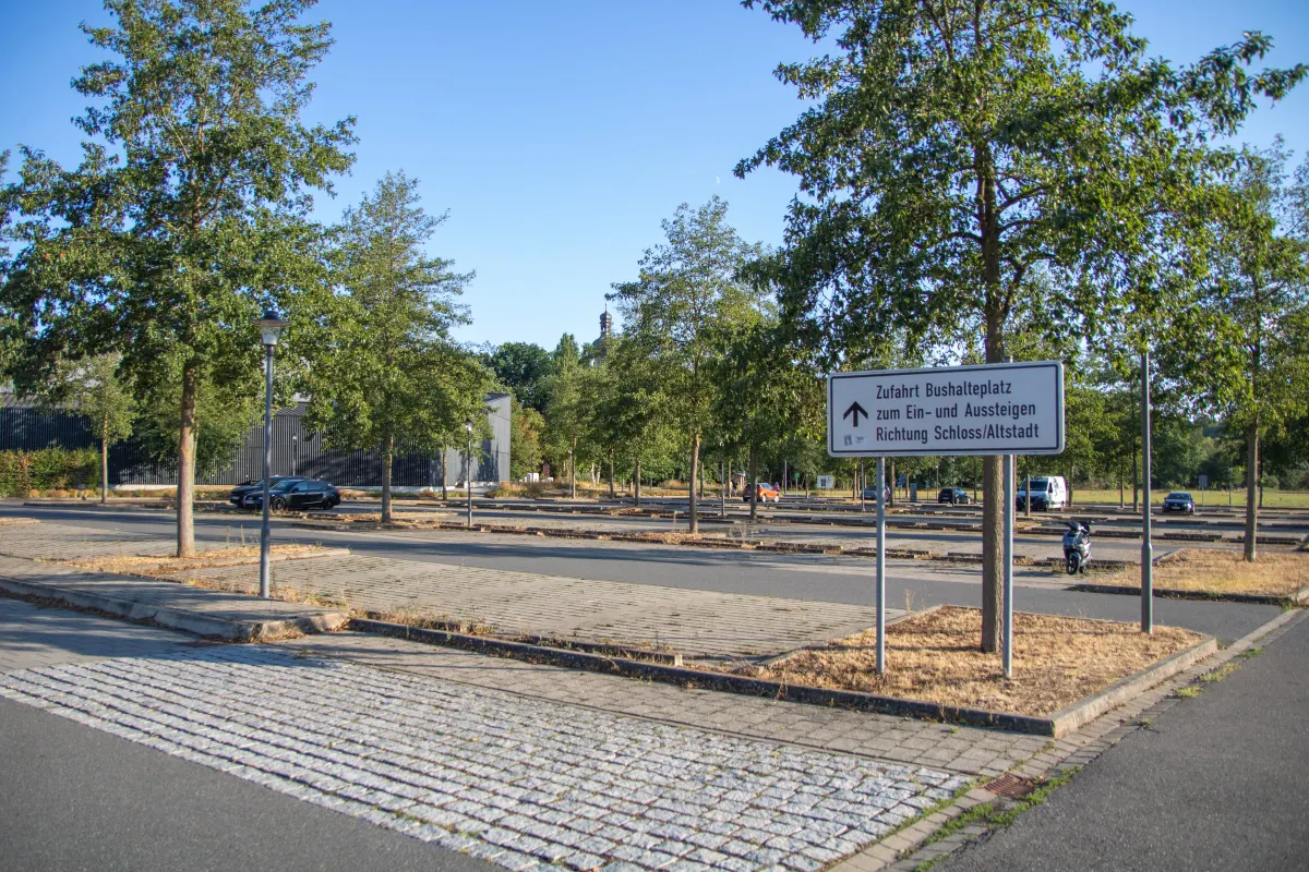 Weitläufiger, leerer Parkplatz mit asphaltierten Fahrgassen und gepflasterten Stellflächen, gegliedert durch Reihen junger Laubbäume in trockenen Grünstreifen. Rechts ein Wegweiser zum Bushalteplatz Richtung Schloss und Altstadt. Im Hintergrund einzelne Autos und ein Kirchturm über den Bäumen.